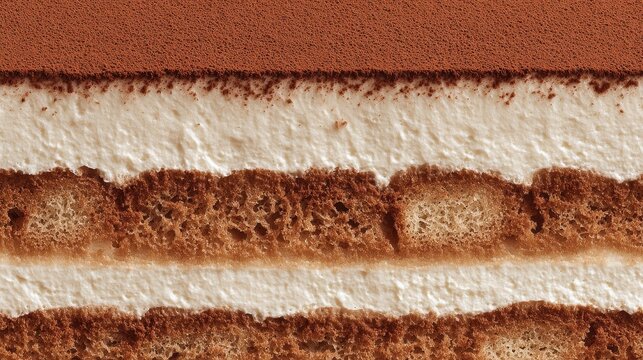 Detailed close-up of delicious tiramisu cake layers with cocoa dust