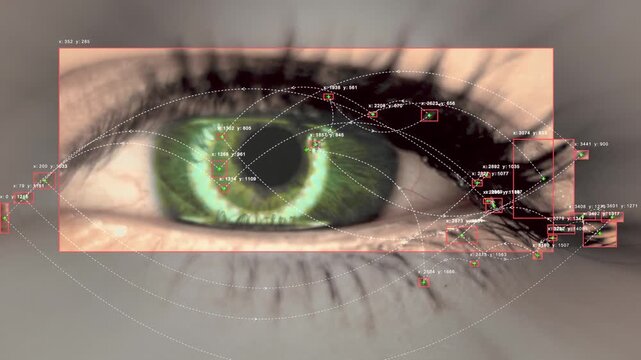 Advanced AI eye tracking neural network mapping green iris biometric identification system detection nodes computer vision surveillance medical diagnostics security interface technology analysis