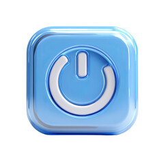 Glossy light-blue square button featuring a prominent white power symbol, suggesting on/off functionality