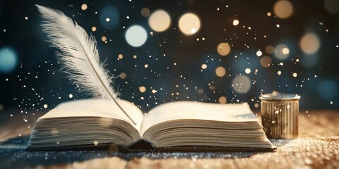 An open book with a quill and ink, surrounded by a dreamy, sparkling background, evokes creativity and inspiration.