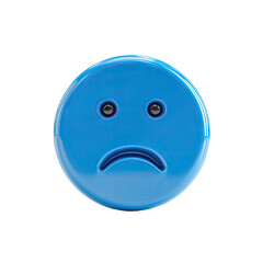 A glossy, light-blue circular emoticon with a downturned mouth and small, dark eyes, expressing sadness or disappointment