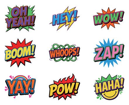 Collection of comic book style explosion and speech bubble stickers with dynamic words like OH YEAH!, BOOM!, ZAP!, WOW!, and POW!