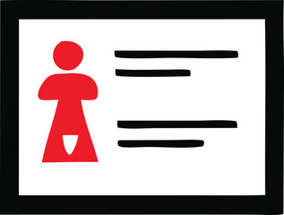 Simple red icon representing a person with lines indicating text or data for identification or profile information