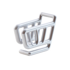 A 3D rendered silver shopping cart icon, sleek and minimalist, with subtle highlights and shadows suggesting volume