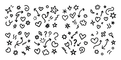 Hand Drawn Doodle Elements Collection of Arrows Hearts Stars and Swirls