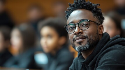 Thoughtful Black Man with Glasses in Lecture Hall, Soft Focus Background