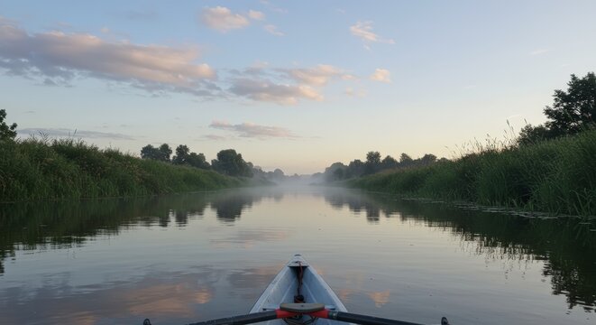 Rowboat journeying down a tranquil river under a soft cloudy sky with reflections and green banks