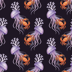 Obraz premium Seamless pattern with jellyfish, crab, and coral