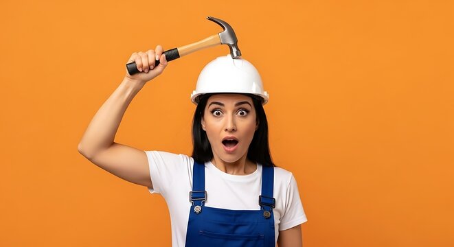 Woman in Work Clothes Reacts to Accidentally Hitting Herself with a Hammer