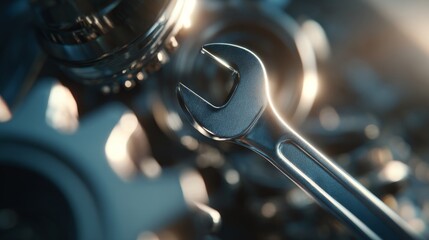 Close-up of a silver wrench resting on intricate machinery gears, showcasing craftsmanship and precision engineering.