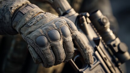 Close-up of a gloved hand gripping a tactical firearm, showcasing detail and equipment used in a military or law enforcement setting.