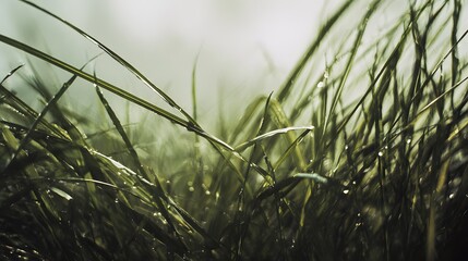 capture showcases vibrant green blades of grass, subtly accentuated with water droplets, demonstrating a wet and dewy appearance under soft natural light, evoking tranquility and fresh outdoor...