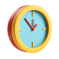 A stylized 3D rendered clock with a light blue face, red hour and minute hands, and a yellow and red bezel.  The clock shows approximately 755