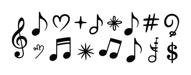 Collection of Black Music Notes, Symbols, and Decorative Elements on White Background