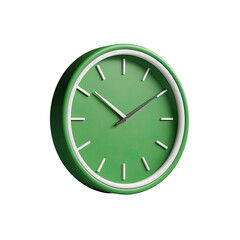 A simple, round, green wall clock with white trim and black hands, slightly angled, showing the time