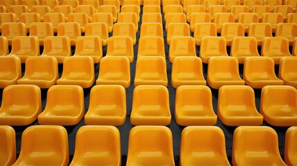 Fototapeta premium Many empty orange plastic stadium seats arranged in neat, orderly rows.