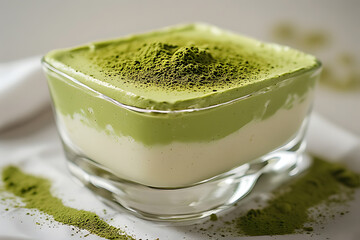 Square glass holding a beautiful layered Matcha dessert, featuring smooth green and white pudding or panna cotta, generously dusted with bright green matcha powder.