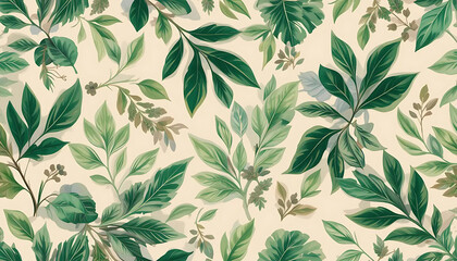 Dense Botanical Leaf Pattern – Seamless Green Foliage on Light Beige Background