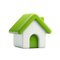 A stylized 3D rendering of a small house with a white body and a bright green roof and door