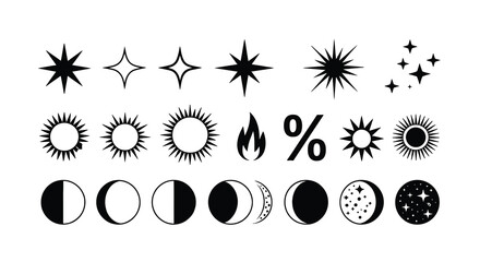 Collection of Celestial and Elemental Icons: Stars, Suns, Moon Phases, Fire, and More