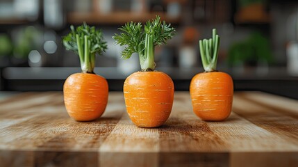 Three Fresh Carrots with Green Tops on Wooden Cutting Board, Kitchen Still Life