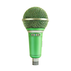 A light green dynamic microphone with a metallic band and two small lights, isolated on a black background