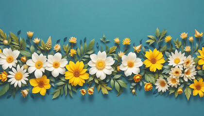 Symmetrical Garland of White, Yellow, and Orange Flowers with Green Leaves on Teal Background