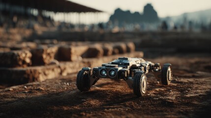 A futuristic robotic vehicle exploring an ancient archaeological site during sunset, blending technology and history.