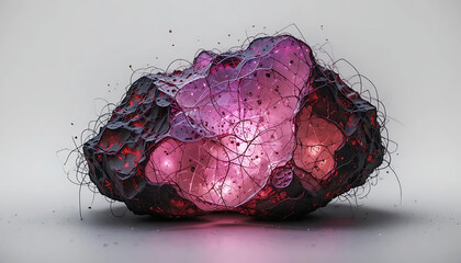 Glowing Organic Core Enclosed in Web-Like Shell with Red Speckles and Thread-Like Structures
