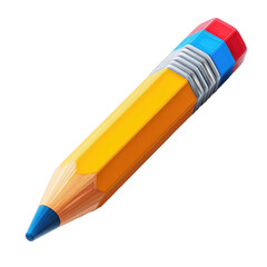 A yellow pencil with blue and red colored eraser and metallic band