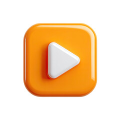 Glossy orange square button featuring a raised white play icon, suggesting media playback or start functionality