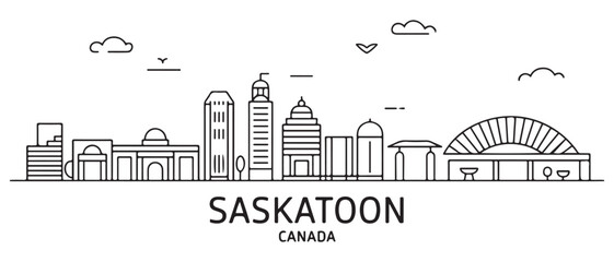 Saskatoon Line Art skyline horizontal banner. Saskatoon, Canada. with white background