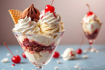 A luxurious ice cream sundae served in a martini glass, layered with vanilla and chocolate ice cream, syrup, and plenty of whipped cream, topped with a wafer and cherries.