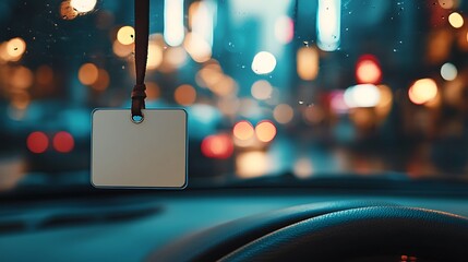 Air freshener hanging from car mirror with bokeh lights in the background at night time scene view