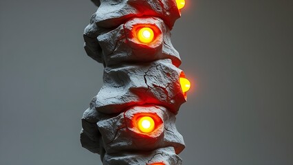 A sculptural representation of a human spine made of cracked stone with five points of intense pressure glowing warmly.