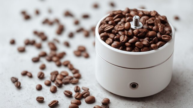 White coffee grinder with fresh beans, bright and airy
