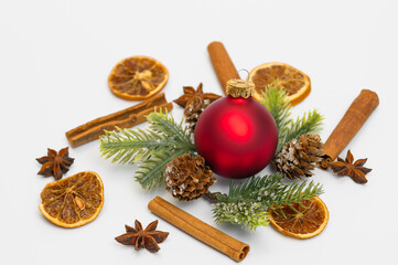 Christmas Eve December pattern, Christmas tree ornament, dried orange slices, cinnamon