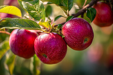 Vibrant Ripe Red Apples Hanging on Tree Branch in Sunlight During Harvest Season