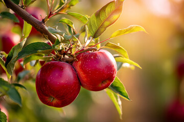 Vibrant Ripe Red Apples Hanging on Tree Branch in Sunlight During Harvest Season