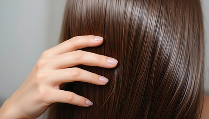 Hand with Light Pink Manicure Touching Smooth, Shiny Brown Hair in Beauty and Grooming Close-Up