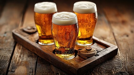 Three Golden Craft Beers with Frothy Heads on Rustic Wooden Tray, Capturing Refreshment and Warm Ambiance.