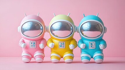Three Playful Astronauts: Pastel Colors, Whimsical Design, Pink Background, Studio Shot.