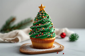 Festive vanilla cupcake topped with green Christmas tree frosting, adorned with colorful sprinkles and a gold star, presented on a wooden board with snowy sugar dust.
