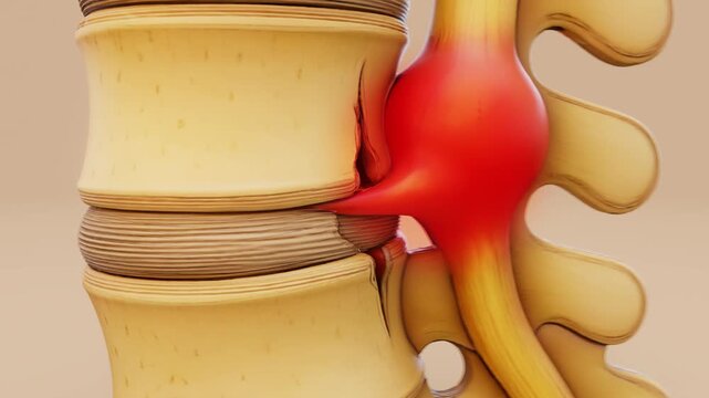 Conceptual 3D animation of a herniated disk in the lumbar spine