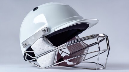 Fototapeta premium White cricket helmet with grill formal and reliable for cricket gear marketing
