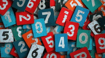 Overhead view of many scattered colorful number cards creating a vibrant textured background.