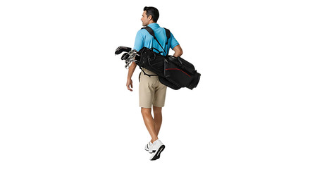 Golfer carrying golf bag on black background