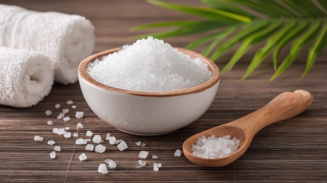 White foot soak salt crystals in ceramic dish clean and relaxing for foot care themes