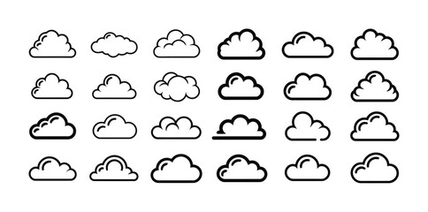 Obraz premium Collection of Stylized Cloud Icons in Black and White Outline