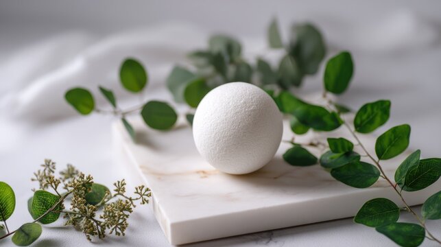 White herbal compress ball on marble surface peaceful and clean for holistic product visuals